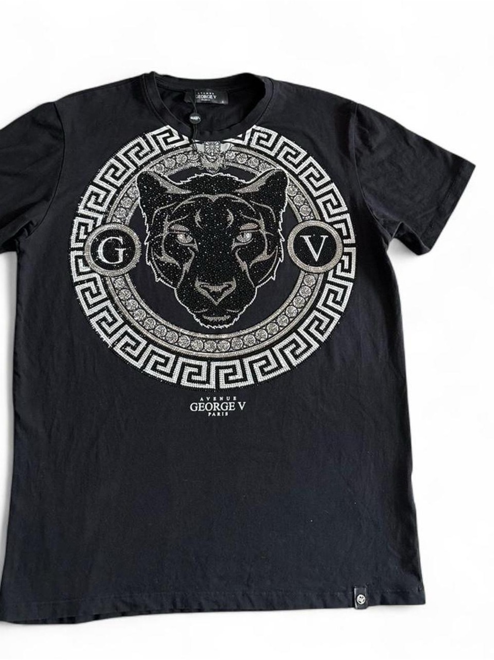 George V Black Short-Sleeve Tee with Embellished Panther Medallion